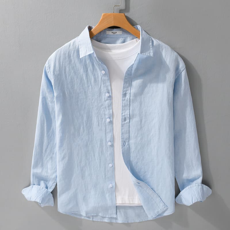 Spring/Summer Men's Long Sleeve 100% Linen Shirt Loose Breathable Casual White Linen Shirt 3112