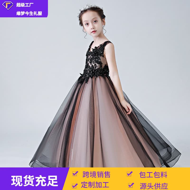 Girls' Formal Dress Tulle Black Long Sleeve Piano Performance Birthday Little Girl Runway Host Princess Dress