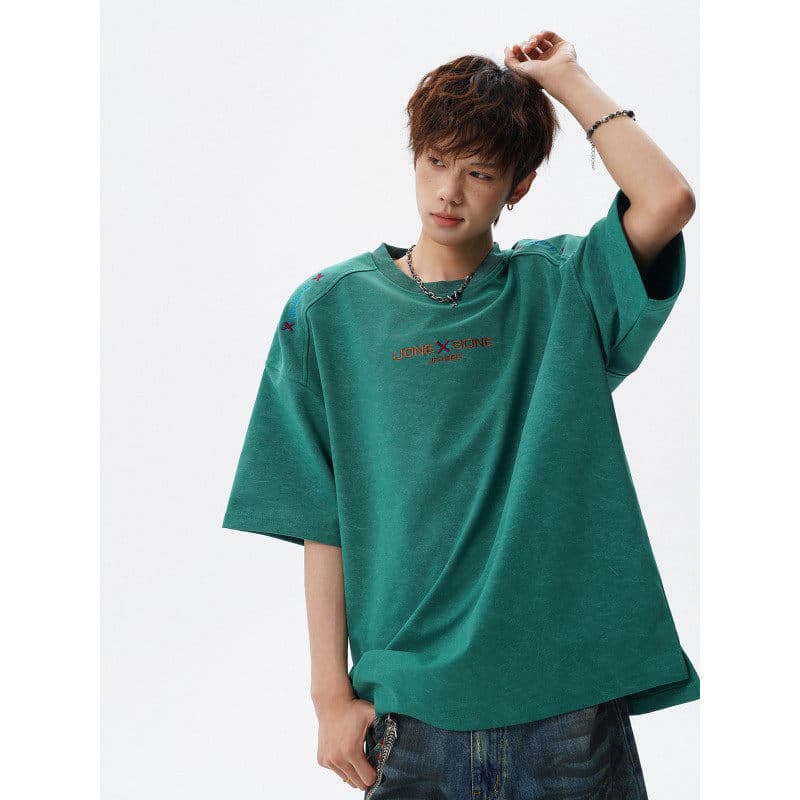 Trendy Sandwashed Slit Design Round Neck Short Sleeve Men's Summer American Style Couple T-Shirt Retro Embroidered Sports Top Tee