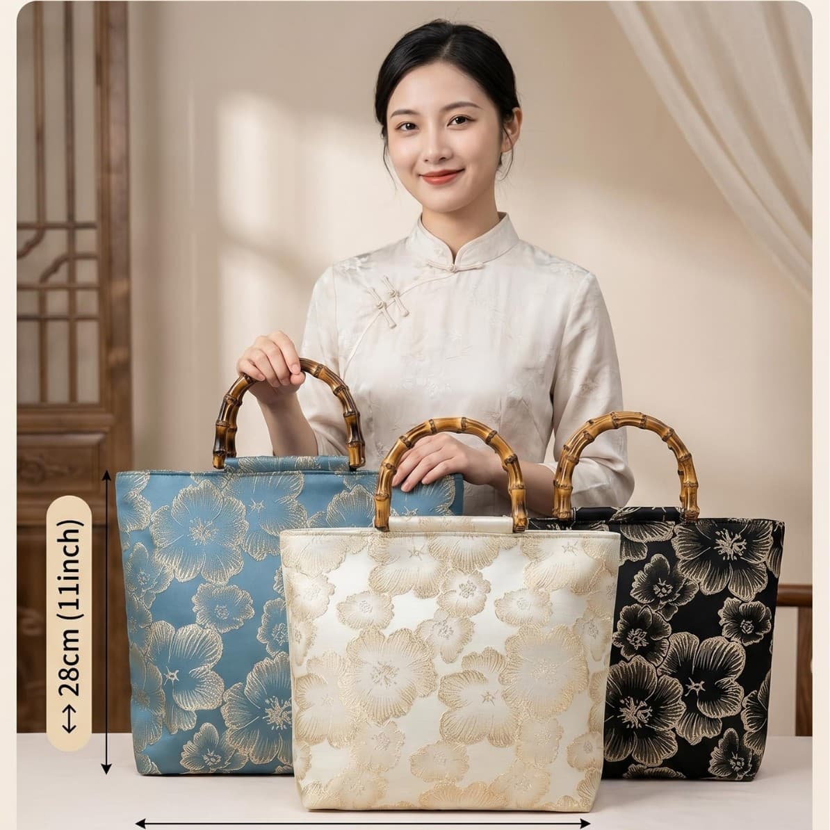 High-end ancient style gold thread embossed jacquard bamboo bag 2025 new large capacity tote Hanfu cheongsam