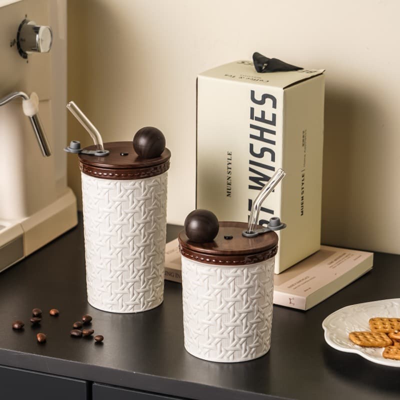 Creative Rattan Lattice Pattern Straw Cup Office High-Appearance Portable Tumbler with Lid Drinking Cup Premium Birthday Gift