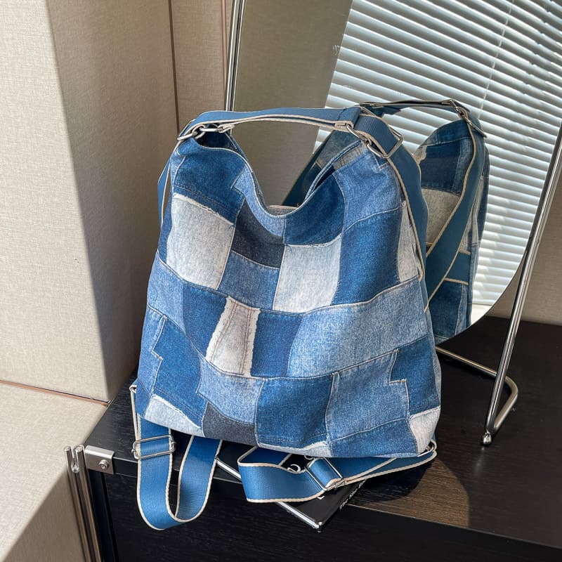 Vintage Patchwork Contrast Denim Canvas Large Capacity Tote Bag for Women 2025 New Fashion Retro Shopping Bag