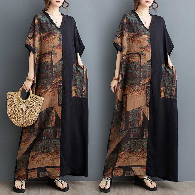 Summer new thin cotton and linen printed thin V-neck short-sleeved contrasting stitching black long dress with length 133