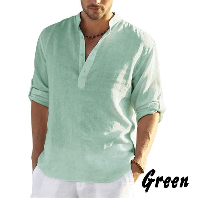 2025 Independent Site Foreign Trade Men's Casual Cotton Linen Solid Color Long Sleeve Shirt Loose Stand Collar Shirt Men's Trendy In Stock