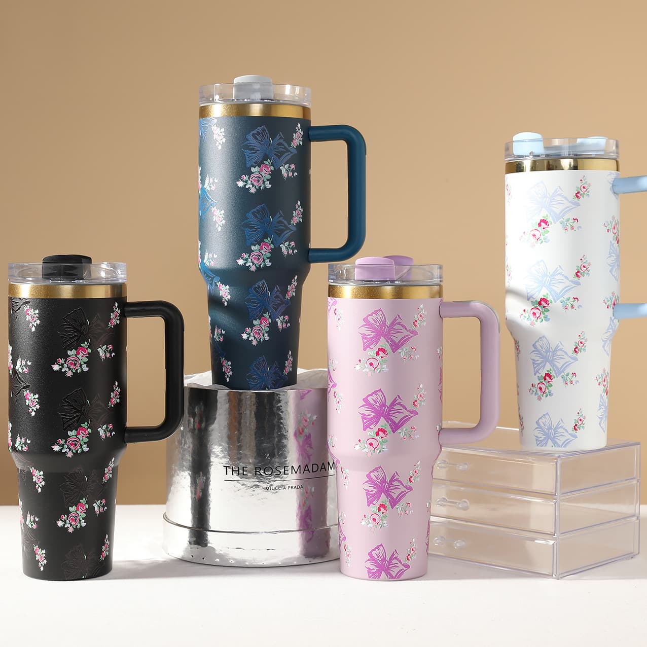 Cross-Border New Model 40oz Ion-Plated Gold-Edged 5D Floral Insulated Cup, Cold-Keeping Stainless Steel Straw Car Cup, Large Capacity