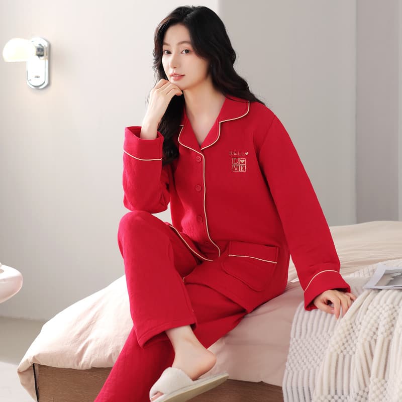 Red Lined Pajamas for Women and Men, Autumn and Winter Warm Air Cotton Zodiac Year Homewear Thick Pure Cotton Quilted Set