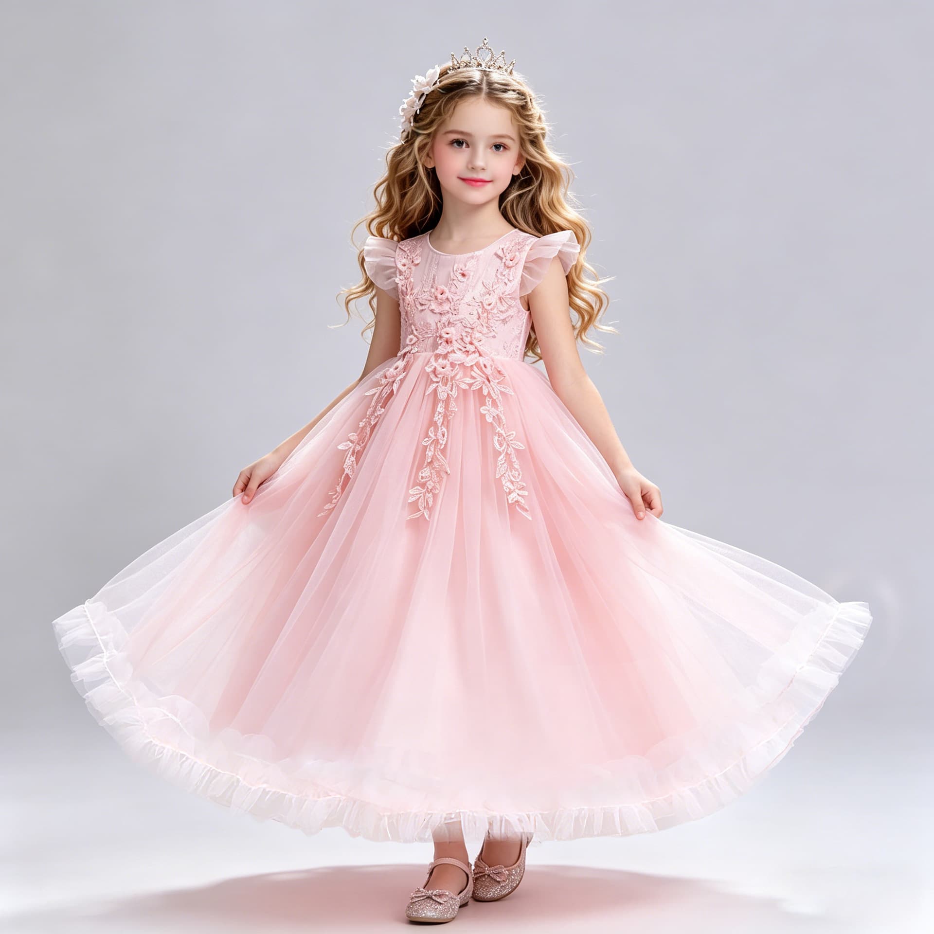 Girls Long Lace Embroidered Evening Gown Children's Princess Dress European Style Fashionable Suitable for Ages 8 And Above