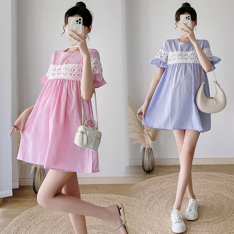 2022 Maternity Summer Lace Round Neck Bell Sleeve Top New Fashion Maternity Dress