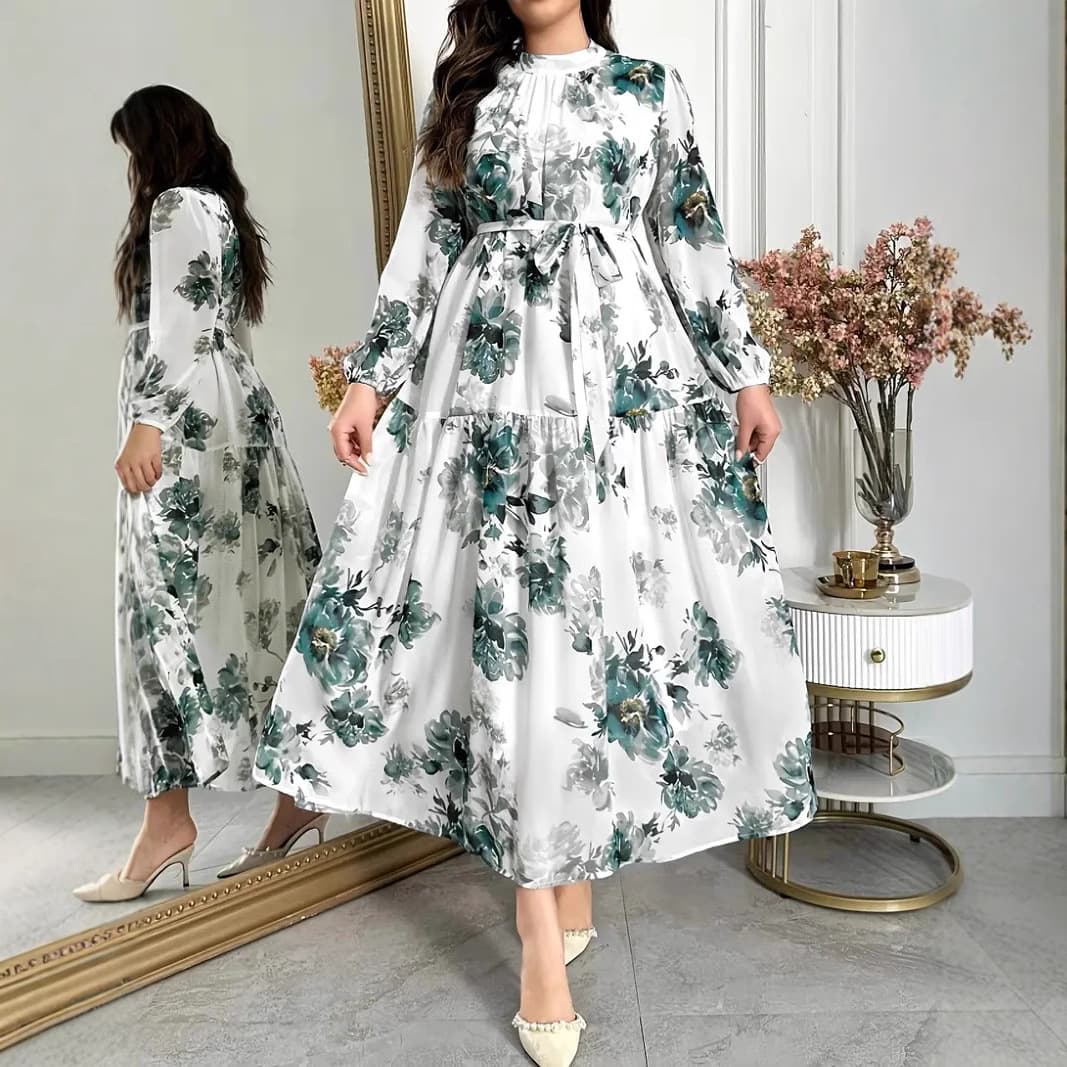 Plus Size Women's French Elegant Dress Summer Tie-Waist Fitted Long Flared Chiffon Vacation Dress