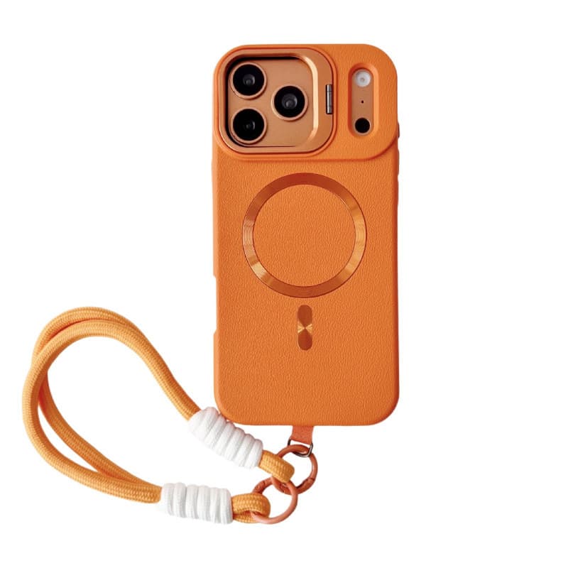 Leather Texture Stand MagSafe Wrist Strap Phone Case for Apple 17 Pro Max Large Cutout Skin-Feel 16/15/11 Trendy 12