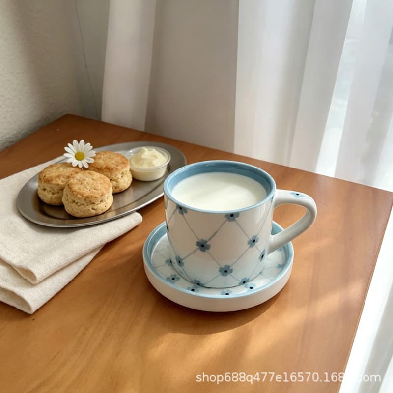 Fresh blue checkered flower ceramic cup and saucer, household ceramic mug, milk coffee cup, girly breakfast cup