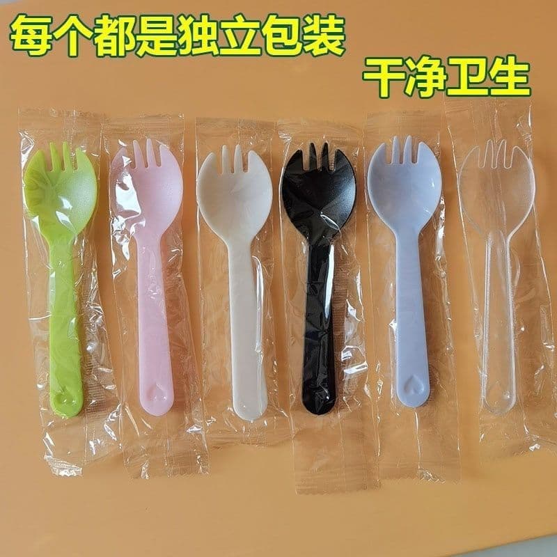 Disposable frosted, thickened, individual spoons and forks for cakes, fruits, desserts, and ice cream; plastic forks available for wholesale.