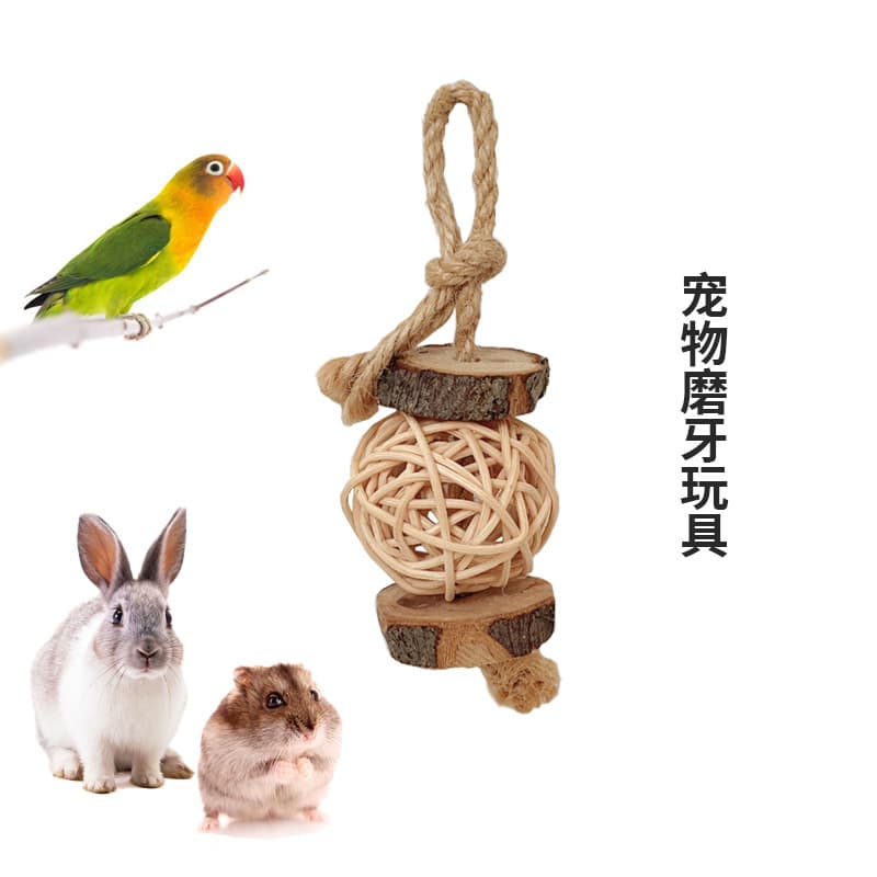 Parrot Chewing Toy for Chinchilla, Hamster, Rabbit, and Bird Pets - Hemp Rope Apple Wood Vine Ball Teething Wood Stick