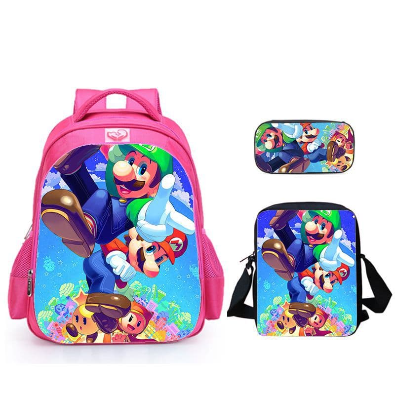 Sweet and Cool Luigi Mario Three-piece Set Elementary School Bag + Shoulder Bag + Pencil Case Red Galaxy Children's Set