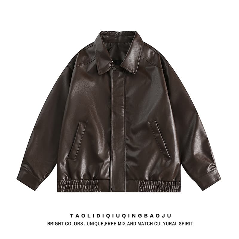 American Streetwear Maillard Style Leather Jacket for Women Retro Premium Loose Unisex Lapel PU Leather Coat