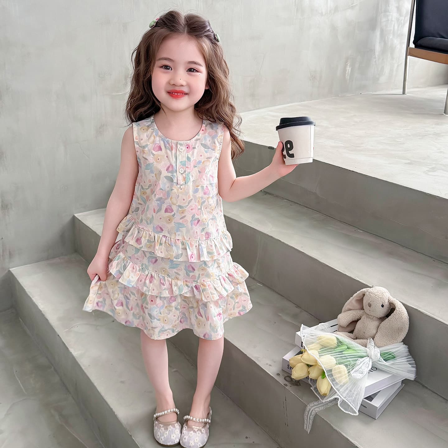 Girls Dress Summer 2026 New Children's Sweet Floral Tank Top Summer Baby Girl Cotton Princess Dress