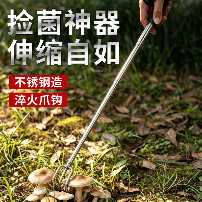 Retractable stainless steel field mushroom picking rake, extended and thickened mushroom picking tool, extended mushroom picking hook