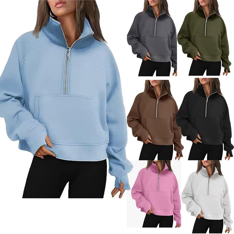 2026 European and American cross-border autumn and winter men's and women's sports half-zip pocket stand-up collar plus velvet sweatshirt comfortable casual long-sleeved
