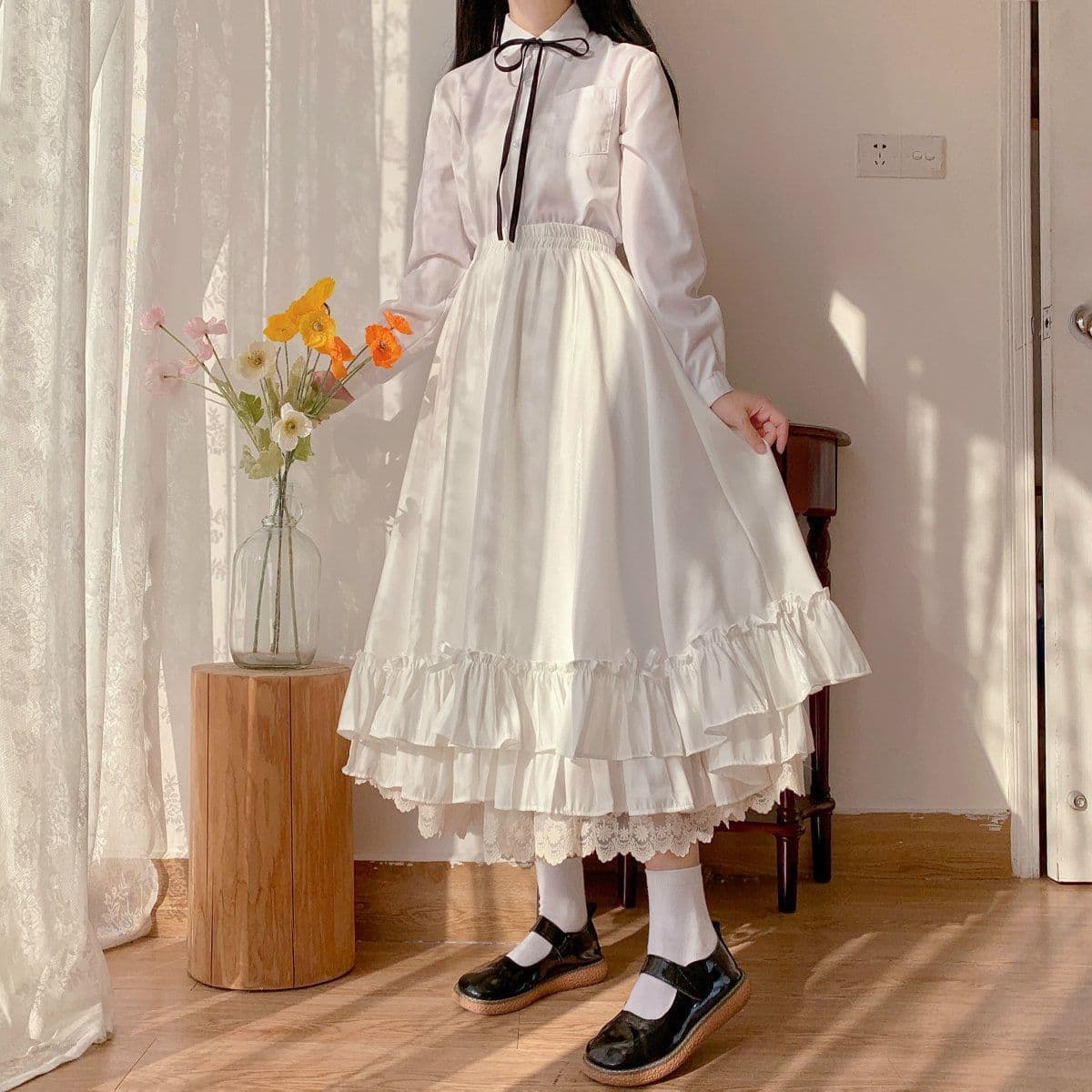 Lolita Extension Petticoat Japanese Mori Girl Lace Daily Winter Fleece-Lined Versatile Half-Length Skirt Cover Lolita Long Skirt