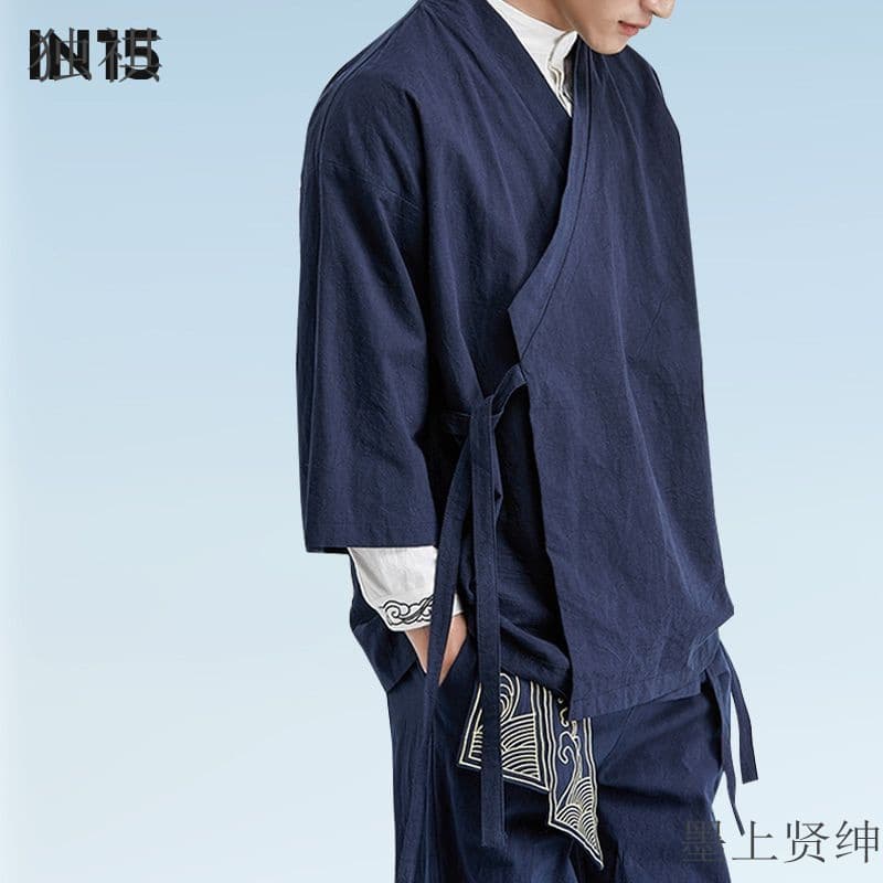 New Spring/Summer Chinese Style Taoist Robe with Three-Quarter Sleeves, Hanfu for Men, Zen-Inspired Layman's Attire, Ancient Style Tea Robe, Cotton and Linen Outerwear