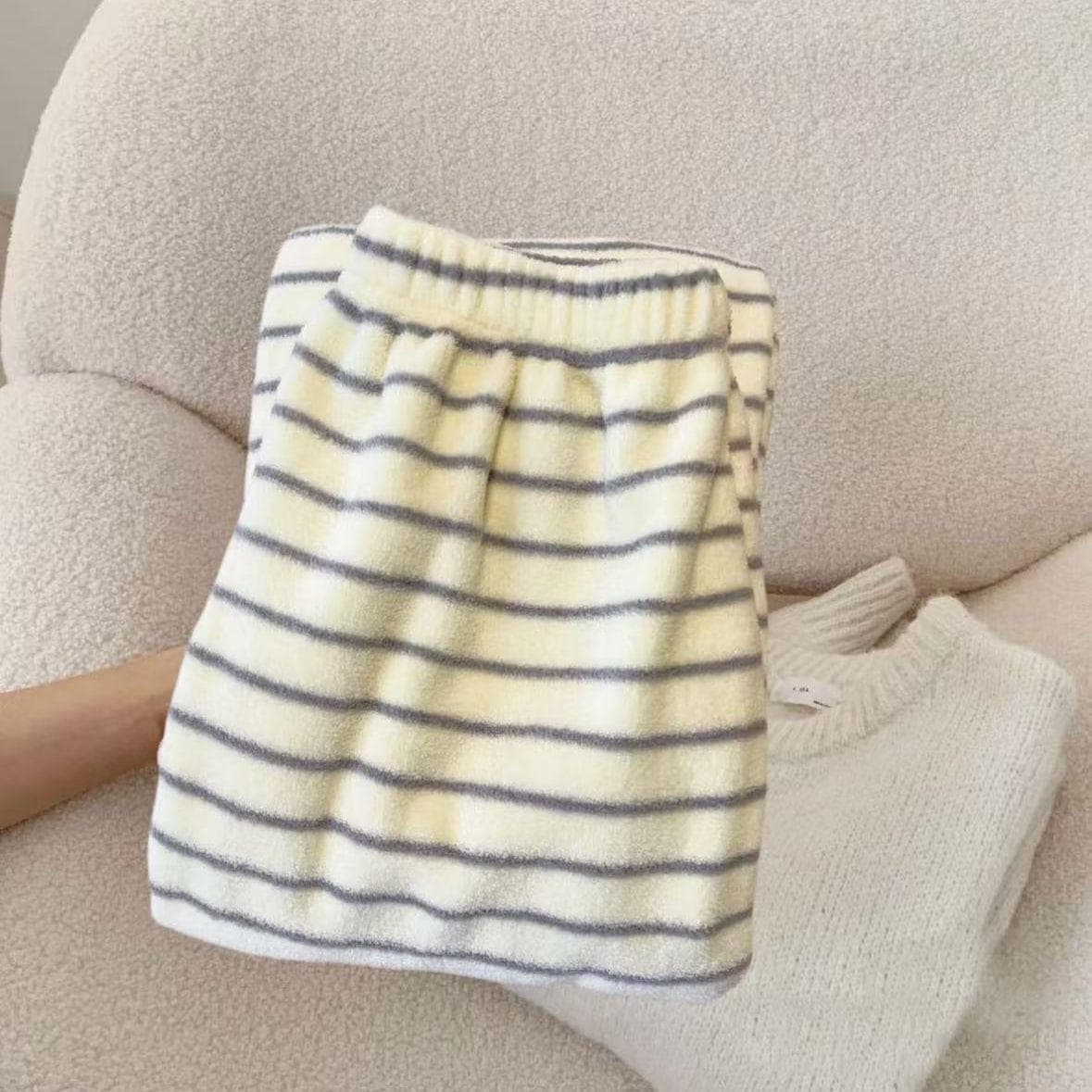 New Autumn/Winter! Korean Striped Soft Coral Fleece Pajama Pants for Women, Thickened Warm Straight Casual Home Pants
