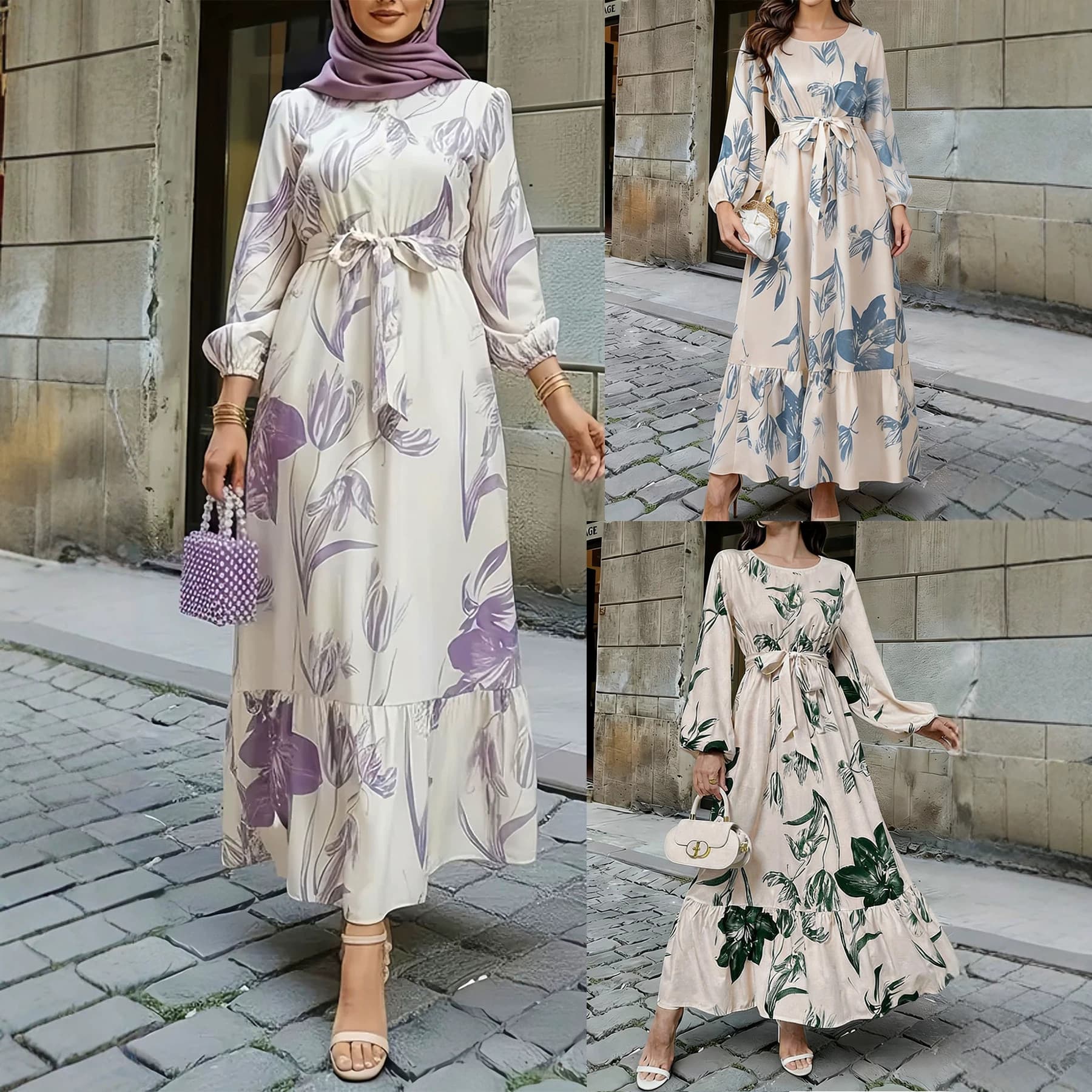 2026 European and American Cross-Border New Women's Elegant Floral Print Elastic Waist Ruffle Hem Dress