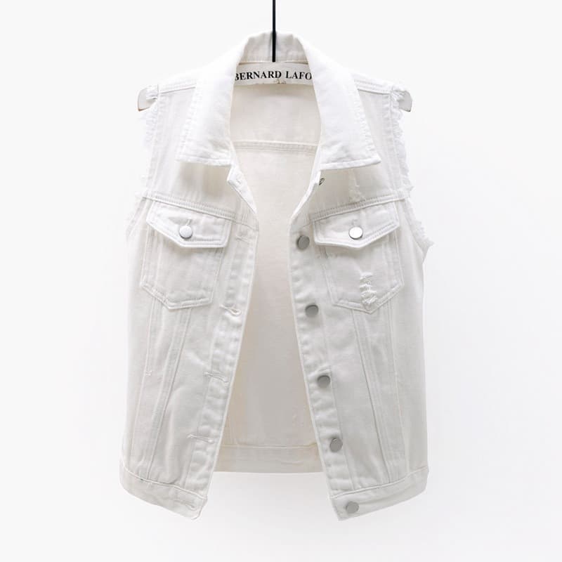 Plus Size Denim Vest for Women Short Spring Summer Slim Fit Frayed Sleeveless Vest Ripped Fashion Vest Top Cross-Border