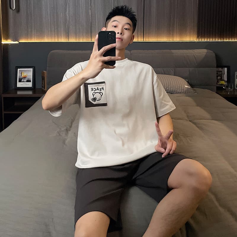 Summer Pajamas for Men Cotton Short Sleeve Set Lightweight Casual Homewear Set with Shorts Suitable for Going Out Cross-Border