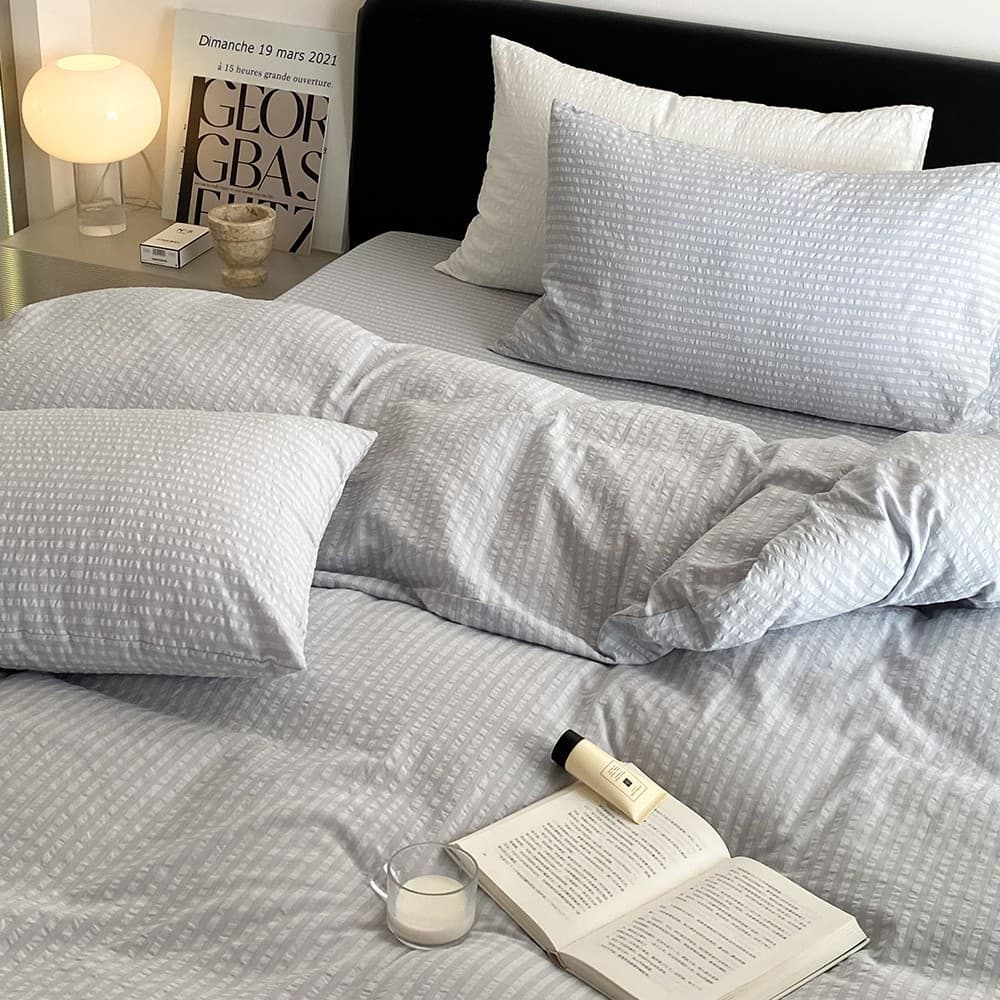 Mix and match single products Cotton seersucker pure cotton four-piece set simple striped neutral style four-season quilt cover bed sheet