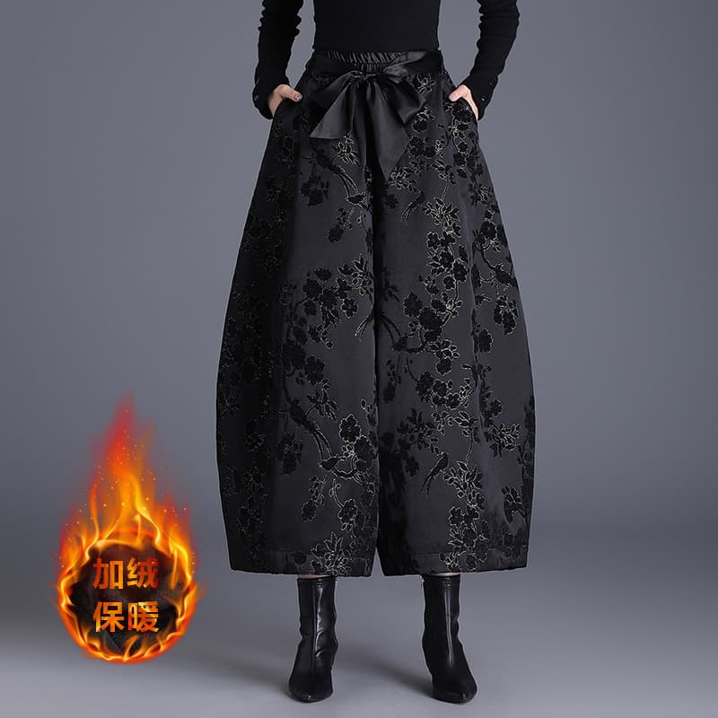 Real Shot 2025 Autumn and Winter New Arrival Fleece-Lined Thickened Nine-Point Fashion Jacquard Bloomer Pants, Casual Pants