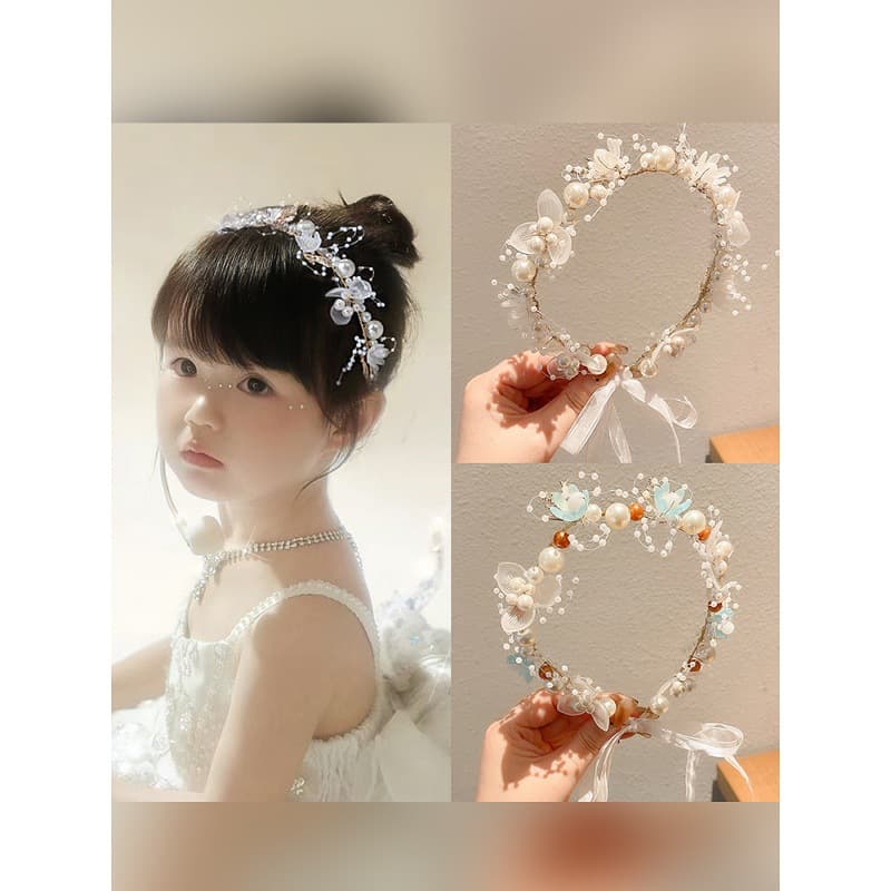 Children's floral wreath headband, Mori-style pearl headband, braided hairband for girls, cute princess flower girl headpiece.