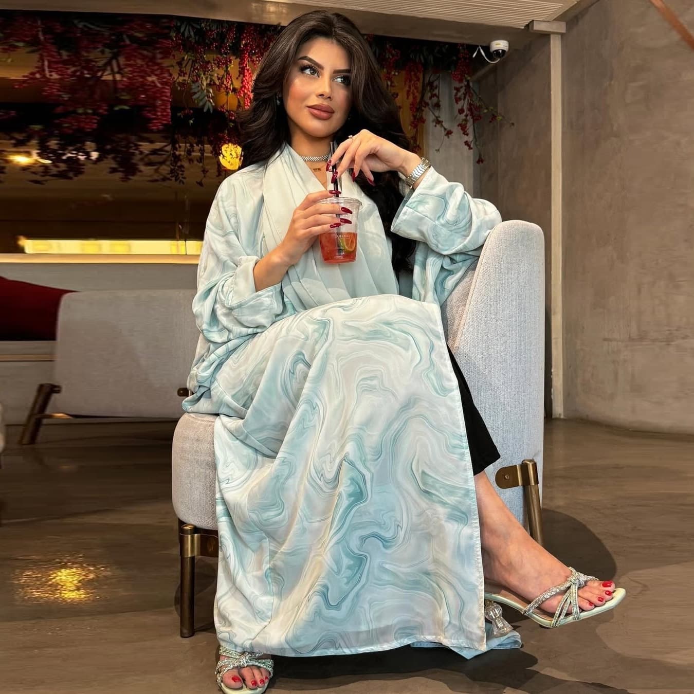 MQ199 2025 Spring New Modest Fashion Open-Front Robe with Hijab, Chiffon Printed Outer Robe