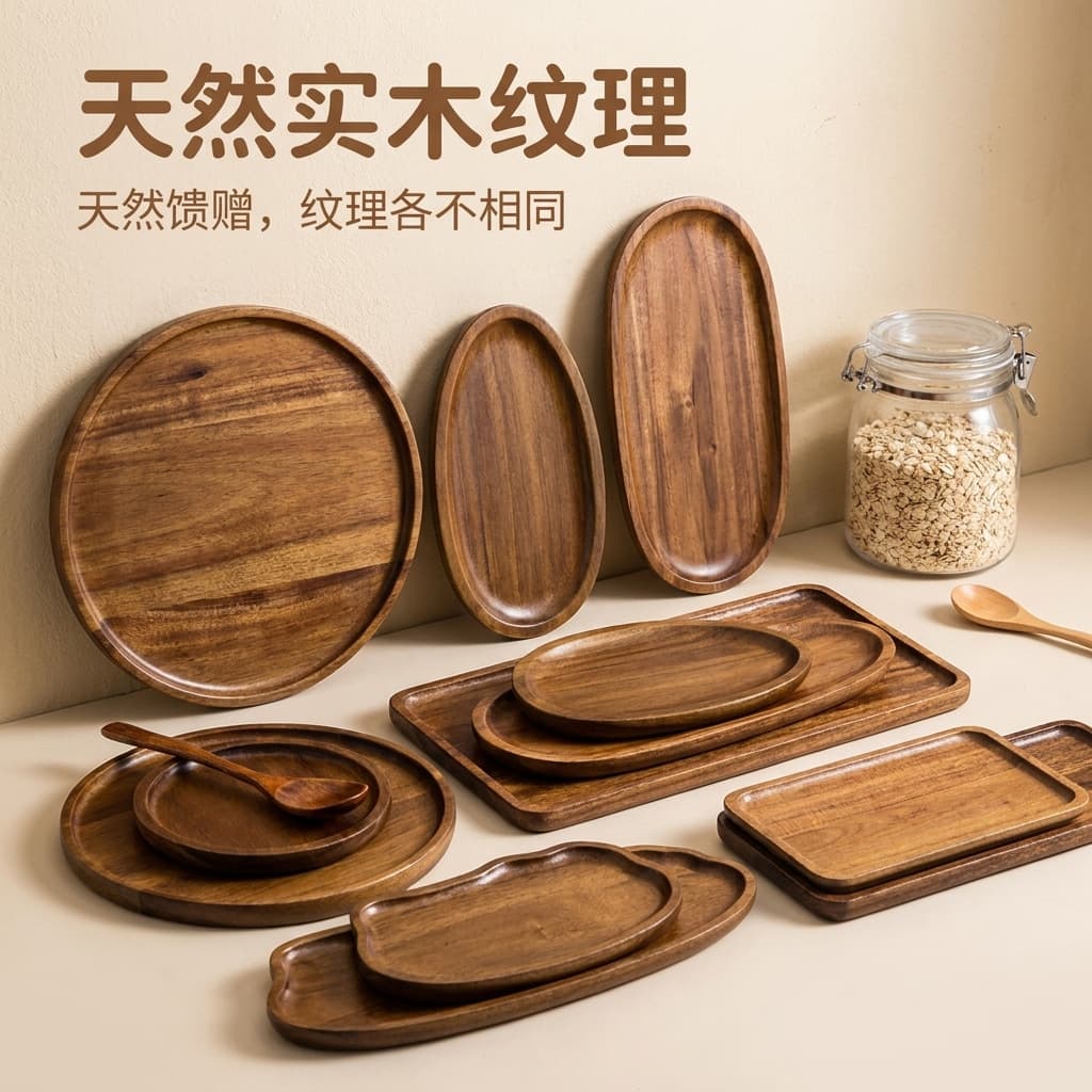 Cross-border Acacia Wood Solid Wood Tray Wooden Serving Tray Home Tea Tray Dinner Plate Wooden Fruit Tray Rectangular Plate Custom