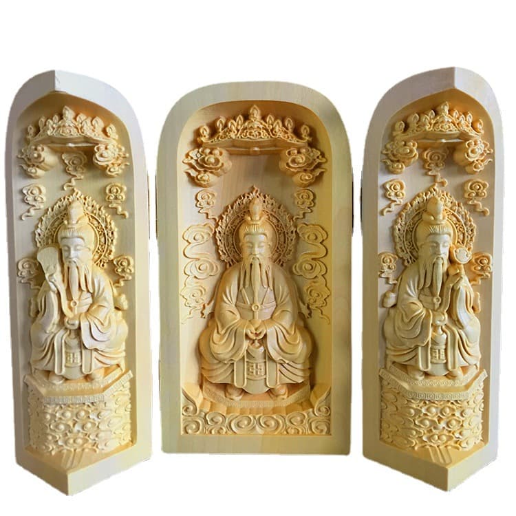 Factory Wholesale Boxwood Carving Western Saha Three Saints Guanyin Three-Opening Buddha Box Wooden Craft Ornament