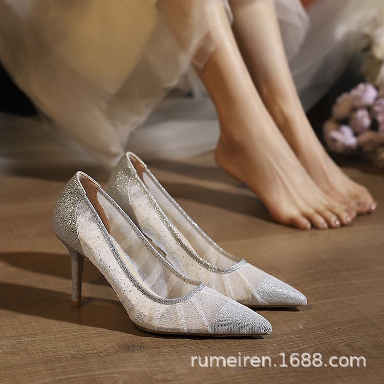 Lace Pointed-Toe Mesh Stiletto Pumps for Women 2025 Autumn New Fairy-style Sexy High Heel Shoes Slip-On Wedding Shoes