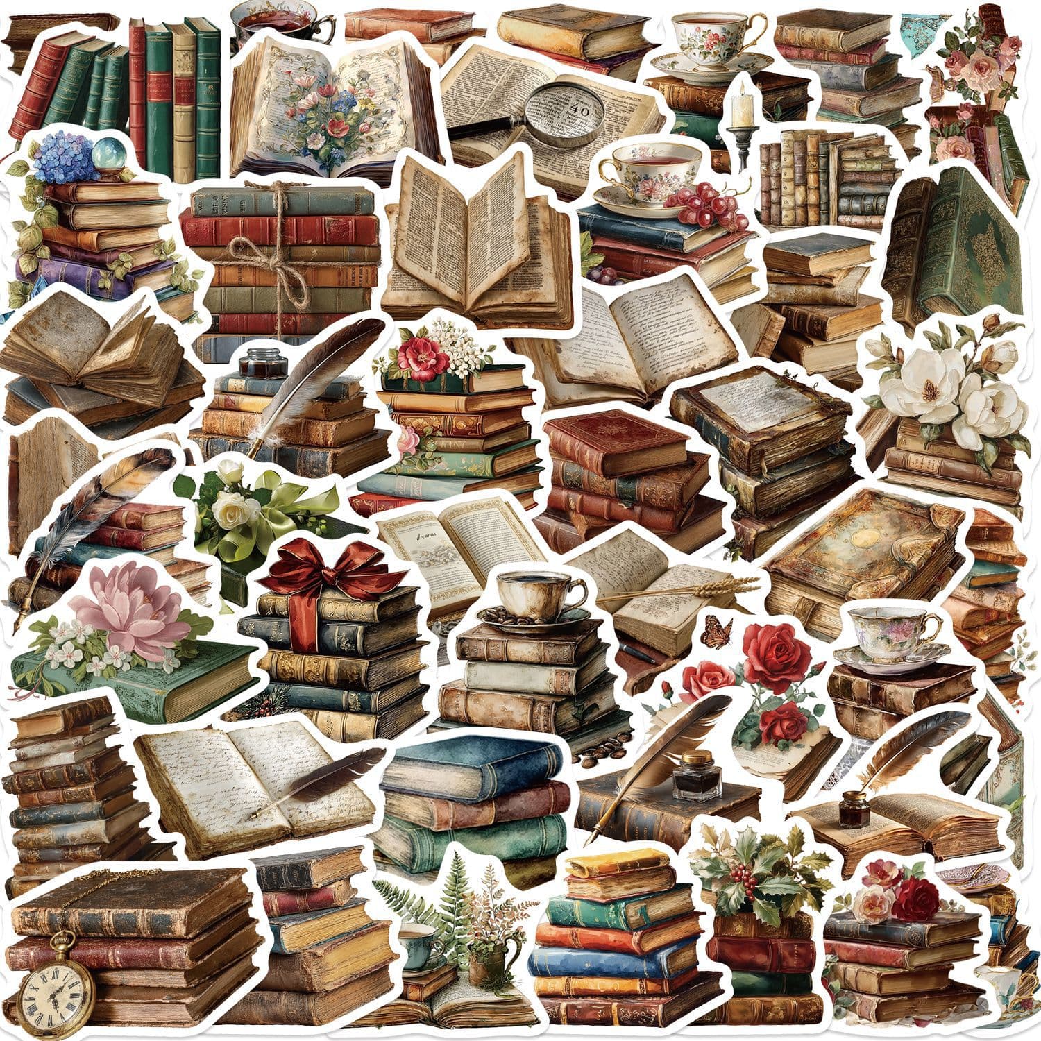 50pcs Cartoon Retro Books Cross-Border Reading Book Stickers DIY Decoration Phone Case Skateboard Waterproof PVC Stickers