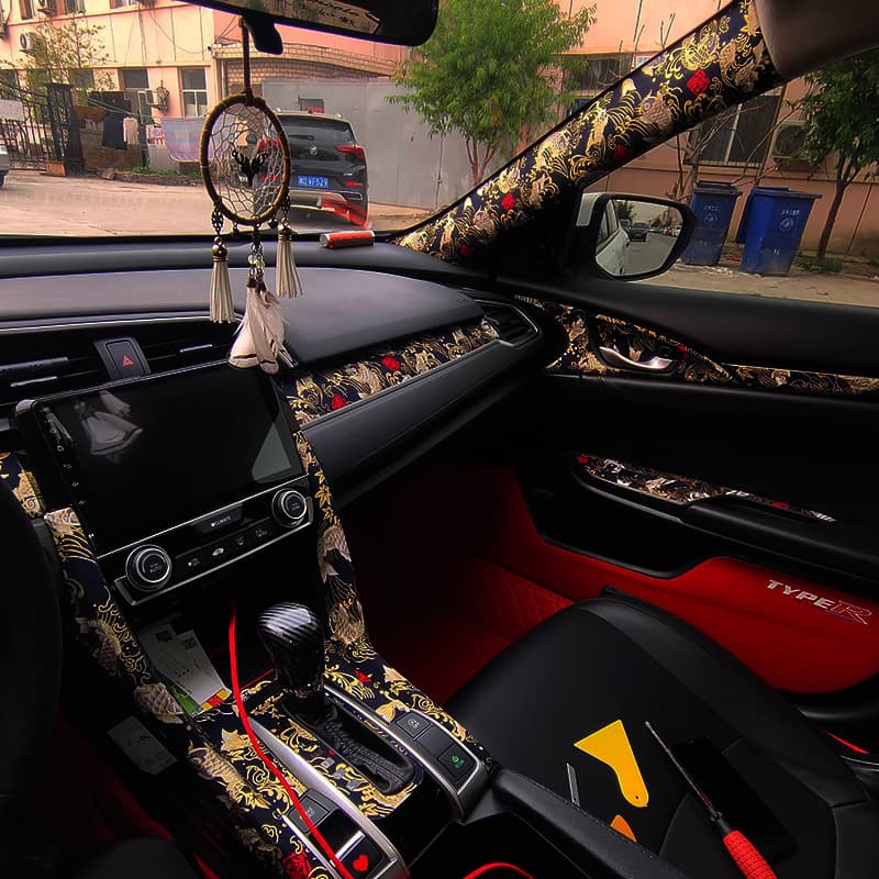 Self-adhesive embroidered car interior stickers with Chinese style, JDM style ABC pillar hot stamping decals