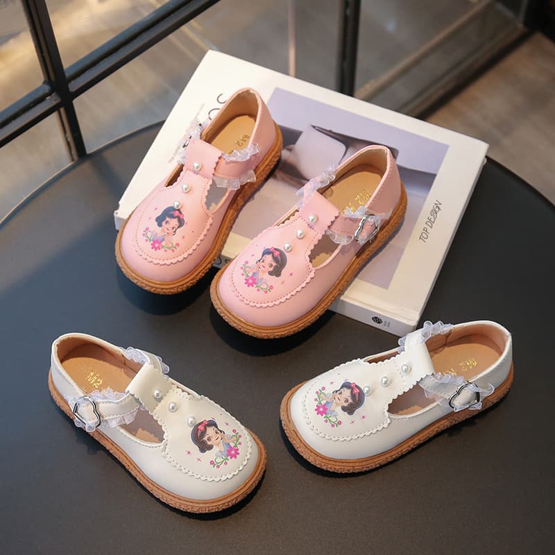 2025 Spring/Autumn New Girls' Lace Little Leather Shoes Student Soft Sole Princess Shoes Anti-slip Bean Bean Shoes Baby Walking Shoes