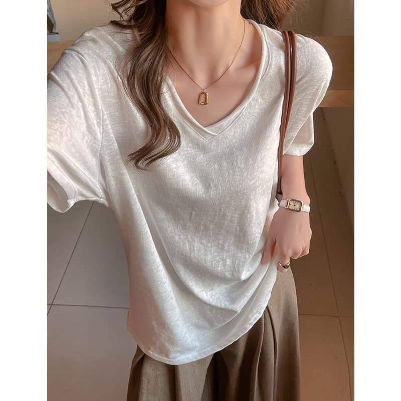 Summer V-neck snowflake cotton lazy style loose off-shoulder short-sleeved T-shirt for women Korean version versatile solid color casual basic top