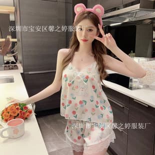 New Summer Women's Pajama Set - Sweet and Cute Series Short Top Shorts Pure Desire Style Lace Small V-Neck Two-Piece Set