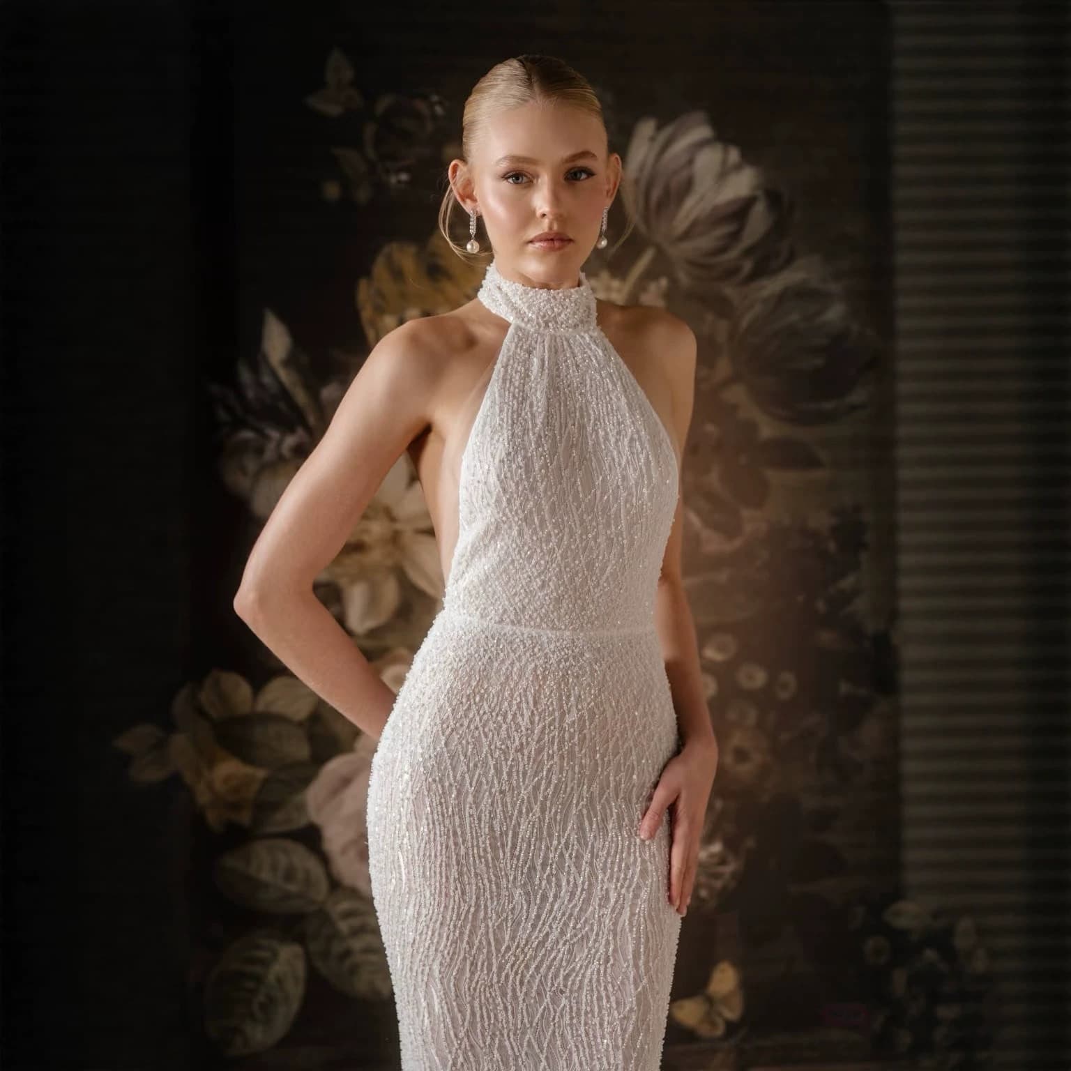 Wedding Dress New European and American Cross-Border Halter Neck Sparkling Sequin Beaded Elegant Mermaid Wedding Dress with Open Back
