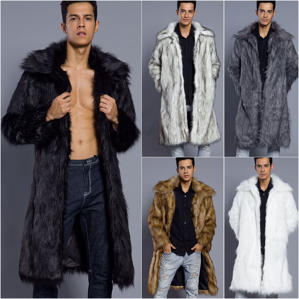 European and American Cross-Border Autumn Men's New Square Collar Solid Faux Fur Long Coat Comfortable Casual Overcoat