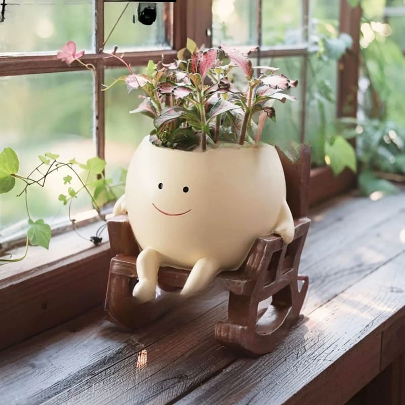 Rocking Chair Smiley Creative Small Flower Pot, Cute Succulent Planter for Balcony, Indoor, Courtyard, High-Aesthetic Durable Garden Pot Decoration