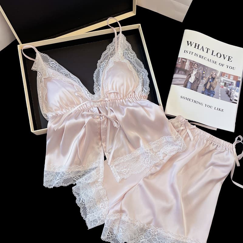 Sweet Girl Lace Trim Open Front Pajama Set Ice Silk Thin Fabric with Padded Cups Sexy Camisole and Shorts