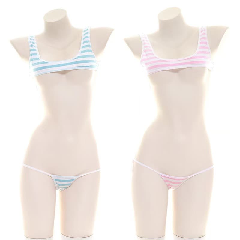 Sexy and fresh striped tank top set with lace-up panties, Japanese style, figure-flattering, private and sexy lingerie set for women.