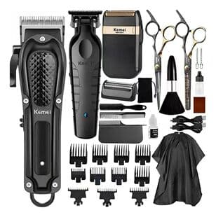 Kemei KM-1071+2299+2024 Scissors Set + Cape Electric Hair Clipper Set Salon Home Barber Trimmer