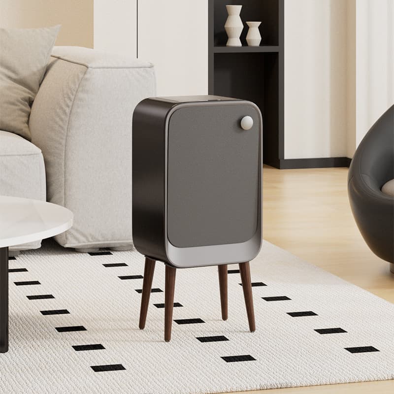 Light Luxury Home Smart Sensor Dual-Open Lid Side-Opening High-Leg Trash Can, Wood Grain/Leather Texture for Bedroom and Living Room