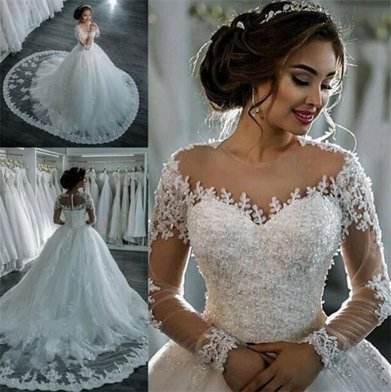 Cross-Border Wedding Dress 2026 Bride Round Neck Long Sleeve Wedding Dress Amazon eBay AliExpress Slim Fit Bride Train Wedding Gown