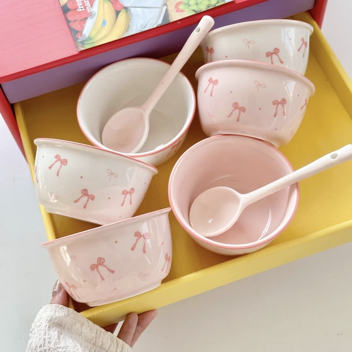 Pink Bow Rice Bowl, Maiden Heart Ceramic High-Temperature Under-Glaze Color, Home Dessert Bowl, Oven and Microwave Safe