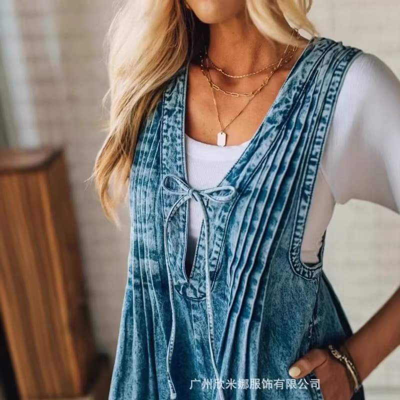 2025 Amazon US & EU Fashion Women's V-Neck Loose Sleeveless Sexy Backless Washed Denim Jumpsuit